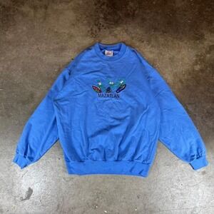 Blue vintage 90s Mazatlan crewneck sweatshirt with embroidered geckos Mens L